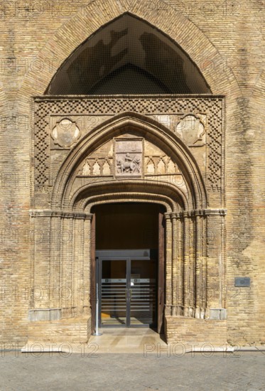 Stonework design historic arched door, Aljafería Palace, Zaragoza, Aragon, Spain, Europe - doorway entrance Chapel of San Martín