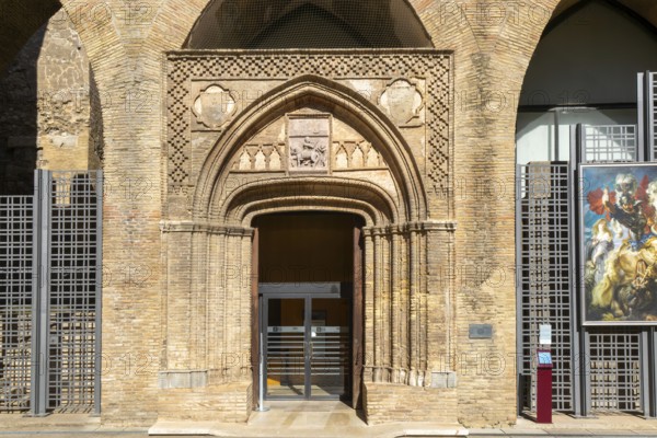 Stonework design historic arched door, Aljafería Palace, Zaragoza, Aragon, Spain, Europe - doorway entrance Chapel of San Martín