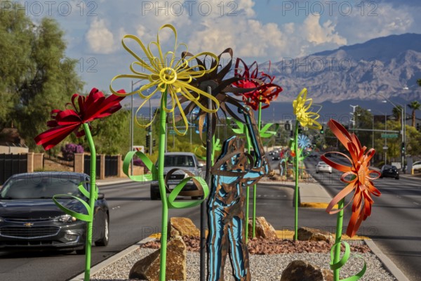 Las Vegas, Nevada - Metal flower art decorates the median strip on a Las Vegas road