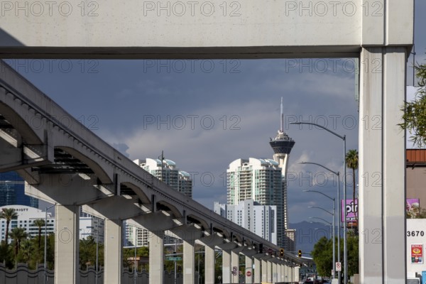 Las Vegas, Nevada, The Las Vegas Monorail, which carries passengers to most of the hotel-casinos on the Las Vegas Strip. The tower at the far end of the monorail is The Stratosphere Hotel and Casino, or the STRAT