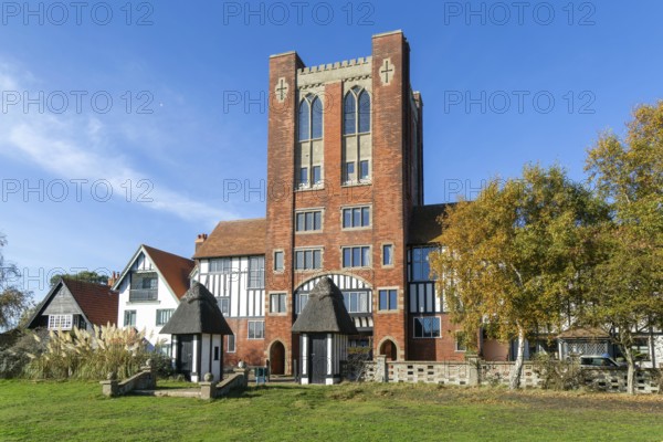 Gatehouse and water tank in planned holiday village of Thorpeness, Suffolk, England, UK built 1929 architect William Gilmour Wilson