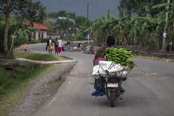Street scene in rural Uganda, motorcyclists loaded with bananas, Kisoro, Uganda