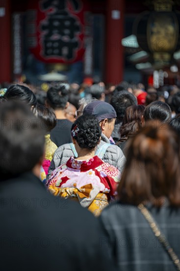 Young Japanese woman wearing kimono surrounded by numerous visitors on Nakamise-dori shopping street, Cherry Blossom, Asakusa Shrine or Senso-ji Temple, Buddhist temple complex, Asakusa, Tokyo, Japan