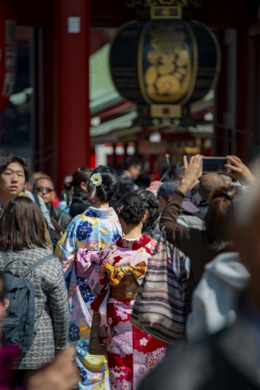 Two young Japanese woman wearing kimono surrounded by numerous visitors on Nakamise-dori shopping street, Cherry Blossom, Asakusa Shrine or Senso-ji Temple, Buddhist temple complex, Asakusa, Tokyo, Japan