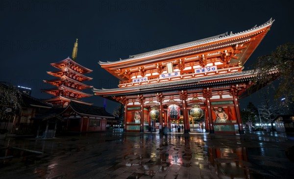 Illuminated five-story pagoda and main hall of Asakusa Shrine or Senso-ji Temple, at night, Buddhist temple complex, Asakusa, Tokyo, Japan