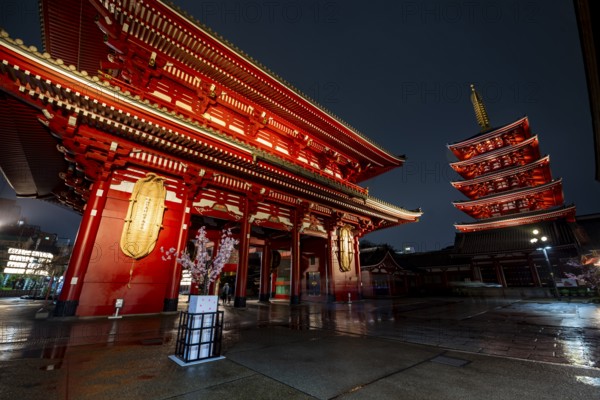 Illuminated five-story pagoda and Hozomon treasure chamber gate of Asakusa Shrine or Senso-ji Temple, at night, Buddhist temple complex, Asakusa, Tokyo, Japan