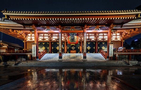 Illuminated main hall of Asakusa Shrine or Senso-ji Temple, at night, Buddhist temple complex, Asakusa, Tokyo, Japan