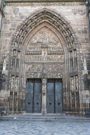 Relief over the entrance portal, west façade, St. Lorenz church, Gothic, old town, Nuremberg, Middle Franconia, Franconia, Bavaria, Germany