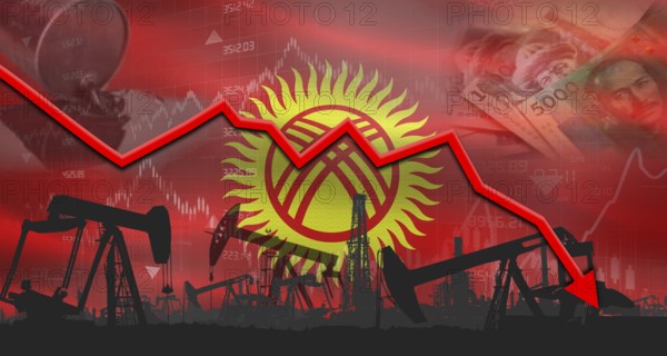 Fall oil price with Kyrgyzstan flag on economic chart. Petrol crisis with Kyrgyz flag on financial graph