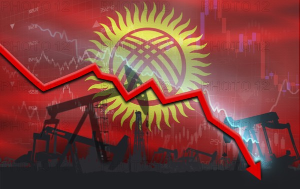 Crude crisis with Kyrgyz flag on financial graph. Fall oil price with flag of Kyrgyzstan on economic chart