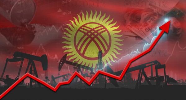 Growth of oil industry with Kyrgyz flag. Oil pumps with Kyrgyz flag. Oil production with Kyrgyzstan flag
