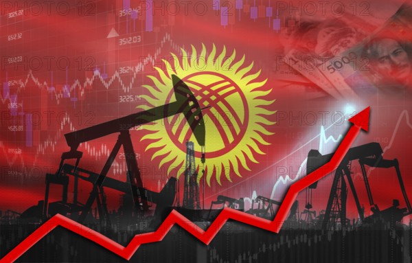 Oil production with Kyrgyzstan flag, petrol industry. Oil pumps with Kyrgyz flag