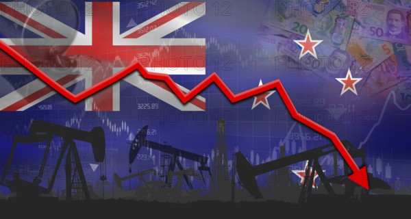 Fall oil price with New Zealand flag on economic chart. Petrol crisis with New Zealand flag on financial graph