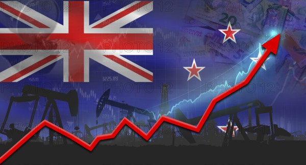 Growth of oil industry with New Zealander flag. Oil pumps with New Zealander flag. Oil production with New Zealand flag
