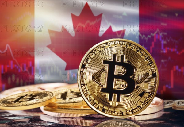 Bitcoin with Canada flag in the background. Investors in cryptocurrency and Blockchain Technology in Canada, Concept
