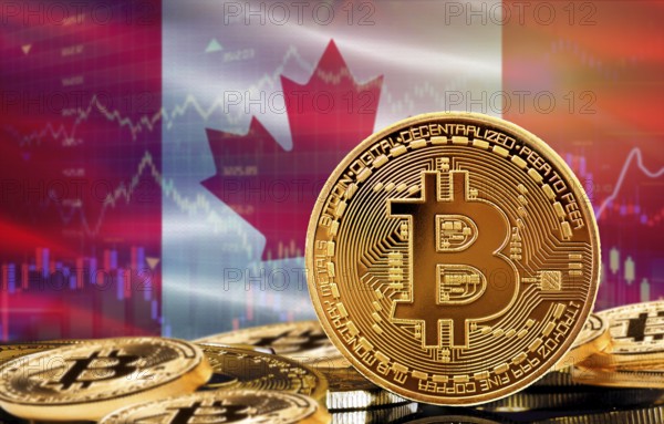 Investors in cryptocurrency and Blockchain Technology in Canada, Concept. Bitcoin with Canada flag in the background