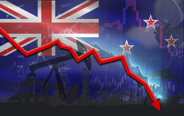 Crude crisis with New Zealander flag on financial graph. Fall oil price with flag of New Zealand on economic chart