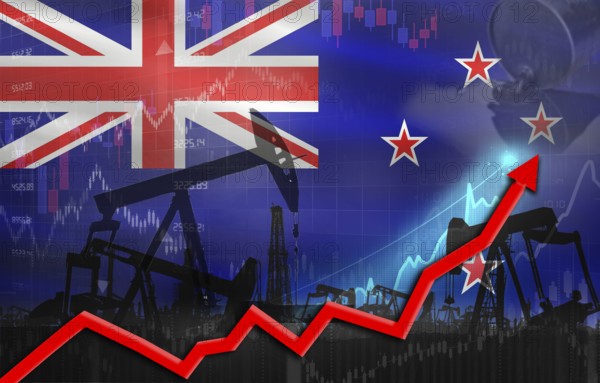 Oil production with New Zealand flag, petrol industry. Oil pumps with New Zealander flag