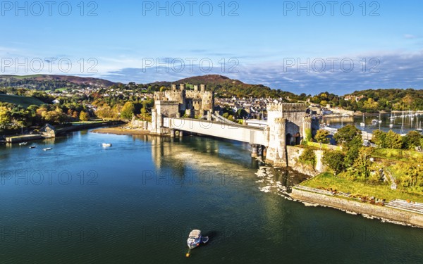 Conwy Castle over River Convy from a drone, Convy, North Wales, England, United Kingdom