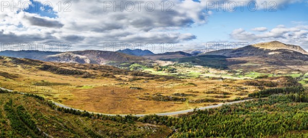 Snowdonia National Park over Road A470 from a drone, Crimea Pass, Blaenau Dolwyddelan, Wales, England, United Kingdom