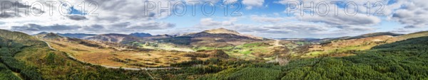 Panorama of Snowdonia National Park over Road A470 from a drone, Crimea Pass, Blaenau Dolwyddelan, Wales, England, United Kingdom