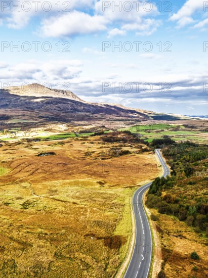 Snowdonia National Park over Road A470 from a drone, Crimea Pass, Blaenau Dolwyddelan, Wales, England, United Kingdom