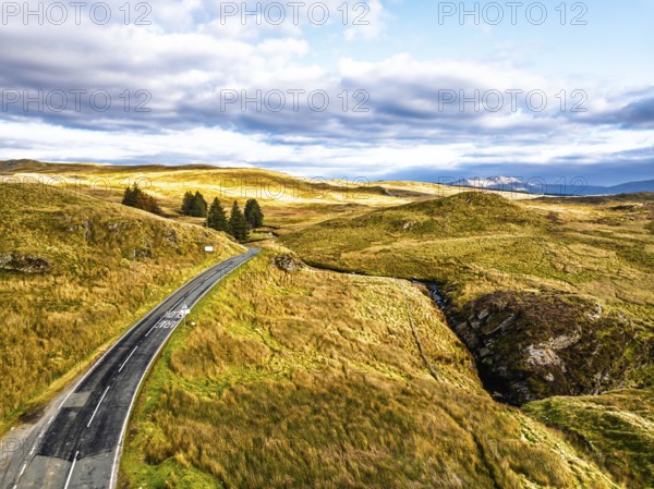 Cwm Cynfal Waterfalls on River Afon Cynfal from a drone, Llan Ffestiniog, Road B4391, Gwynedd, Snowdonia, Eryri, Wales, England, United Kingdom
