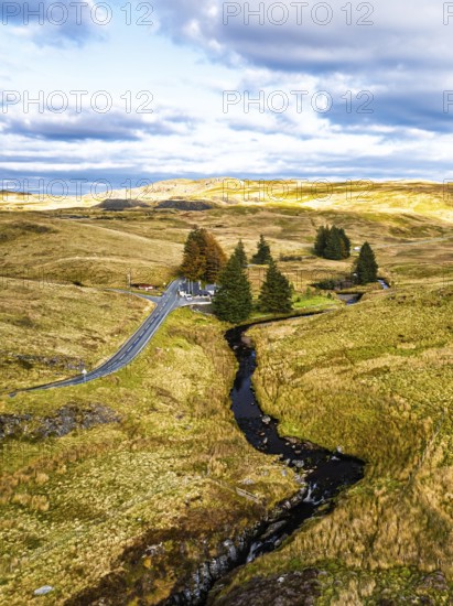 Cwm Cynfal Waterfalls on River Afon Cynfal from a drone, Llan Ffestiniog, Road B4391, Gwynedd, Snowdonia, Eryri, Wales, England, United Kingdom