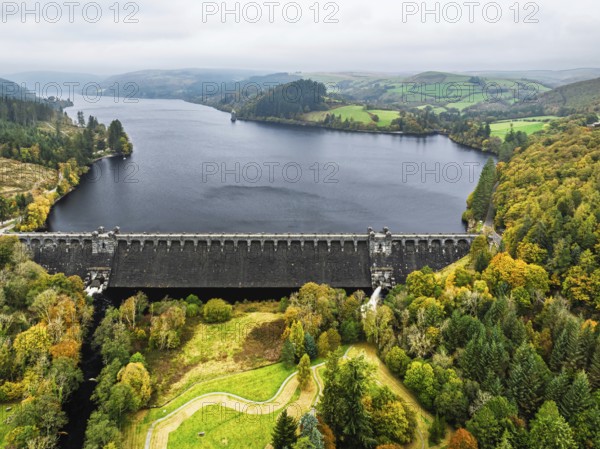 Llyn Brianne Dam and Reservoir from a drone, Lake Vyrnwy, Powys, Wales, England, United Kingdom