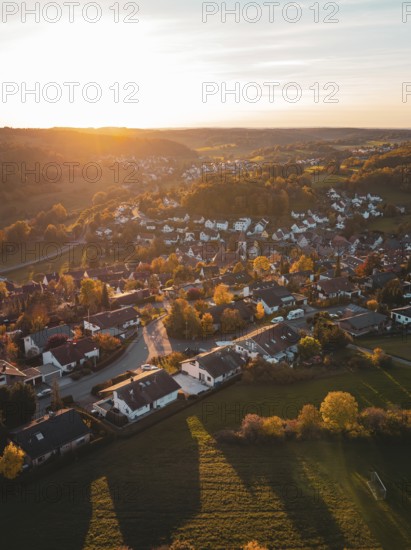 Village in sunny autumn with soft lighting at sunset, Deufringen, Aidlingen, Böblingen district, Germany