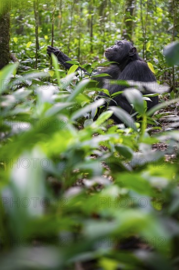 Chimpanzee (Pan Troglodytes) among green leaves, adult male among leaves in the jungle, Kibale National Park, Uganda