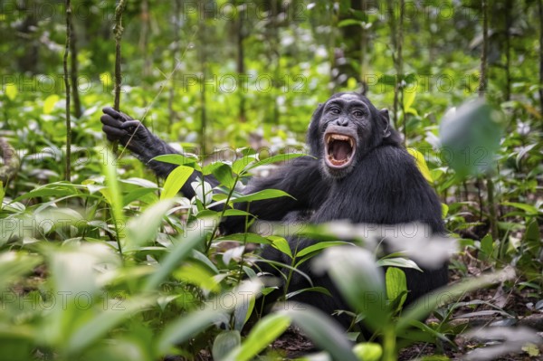 Aggression, chimpanzee (Pan Troglodytes) baring teeth, adult male between leaves in jungle, Kibale National Park, Uganda