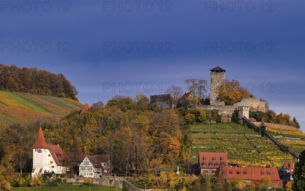 Hohenbeilstein Castle, Freizeitheim Magdalenenkirche, vineyards, Beilstein, Bottwartal, Löwensteiner Mountains, autumn, autumn colors, Baden-Württemberg, Germany
