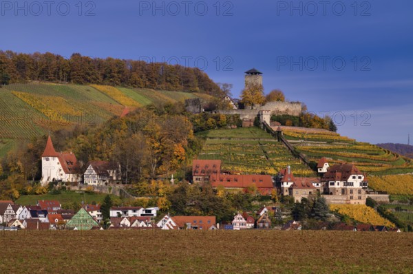 Hohenbeilstein Castle, Freizeitheim Magdalenenkirche, Lower Castle, Vineyards, Beilstein, Bottwartal, Löwensteiner Mountains, autumn, autumn colors, Baden-Württemberg, Germany
