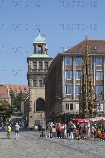 Pedestrian zone, Königstraße, Hauptmarkt, Schöner Brunnen, Town Hall, Old Town, Nuremberg, Middle Franconia, Franconia, Bavaria, Germany