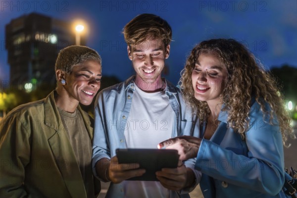 Three smiling diverse friends standing outdoors at night, looking at a shared digital tablet screen while interacting and enjoying content together in an urban setting
