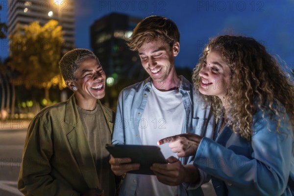 Cheerful diverse friends laughing and sharing content on a tablet while standing together on a city street at night, experiencing urban connectivity and positive social interaction