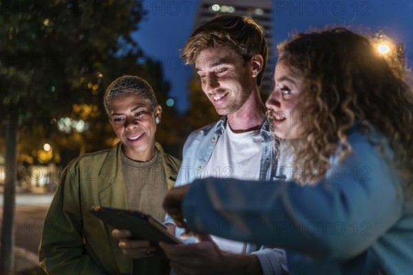 Three diverse friends smiling and interacting outdoors at night, using a digital tablet to share content and navigate in the illuminated city urban scene
