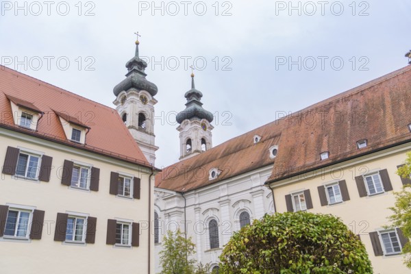 View of the towers and roofs of a historic monastery complex with Baroque architecture, ZFP Zwiefalten, Reutlingen district, Germany
