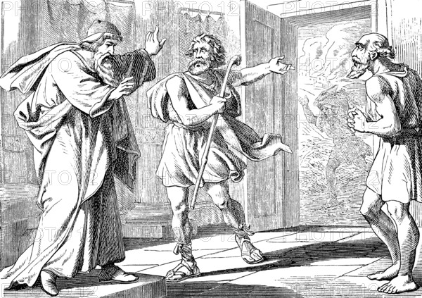 The job posts, The book of Job, the fire of God fell from heaven, messenger, message, devil, burn, sheep, boys, chapter, three old men, door, Old Testament, Bible, historical illustration 1877