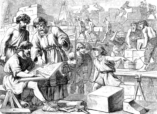 The walls of Jerusalem are built, The Book of Nehemiah, chapter 4, craftsman, stonemason, crane, block of stone, planning, manual work, supervision, hammer, compass, plan, Old Testament, Bible, historical illustration 1877