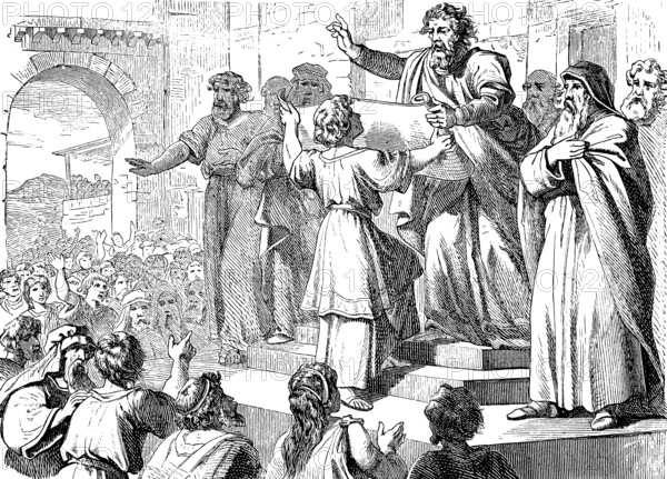 The priest and scribe Ezra reads the law to the people in front of the water gate, Jerusalem, The Book of Nehemiah, chapter 8, city gate, crowd, law book of Moses, gallery, joy, Levites, assembly, Old Testament, Bible, historical illustration 1877