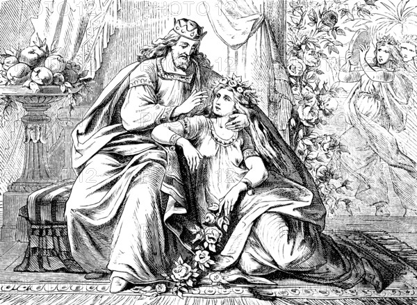 The peace of the girlfriend under the protection of the friend, The Song of Solomon, chapter 4, faithfulness, soul, beauty, eyes, braids, dove eyes, hair, teeth, lips, speech, sweet, cheeks, pomegranate, throat, weapons, breasts, roses, bride, Lebanon, romantic thoughts, room, sitting, lying, bowl of fruit, king, Old Testament, Bible, historical illustration 1877