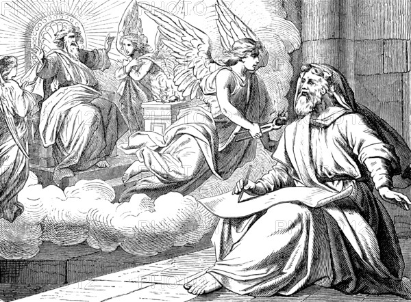 Isaiah's face of the glory of the Lord, There flew to me with glowing charcoal in his hand, The Prophet Isaiah, chapter 6, angel, six wings, cloud, sky, Isaiah, scroll, God, exalted chair, rays of light, holy, pliers, altar, hot, fire, Old Testament, Bible, historical illustration 1877