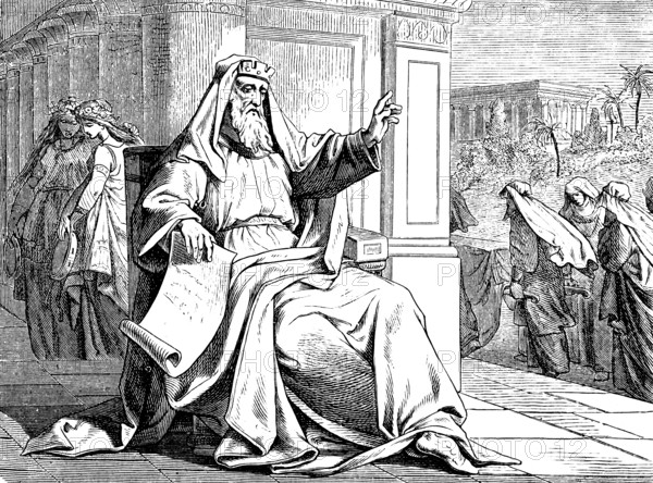 See, it was all vain and whining, The Preacher Solomon, chapter 2, scroll, temple, seat, pillars, people, wisdom, foolishness, light, darkness, prudence, sun, effort, vanity, works, work, Old Testament, Bible, historical illustration 1877
