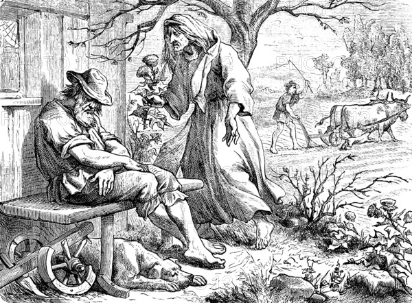The laziness, how long do you lie, lazier? When do you want to get up from your sleep? The sayings of Solomon, chapter 6, sleeping man, old, bench, house, plough, woman, angry, ox team, field, work, agriculture, Old Testament, Bible, historical illustration 1877
