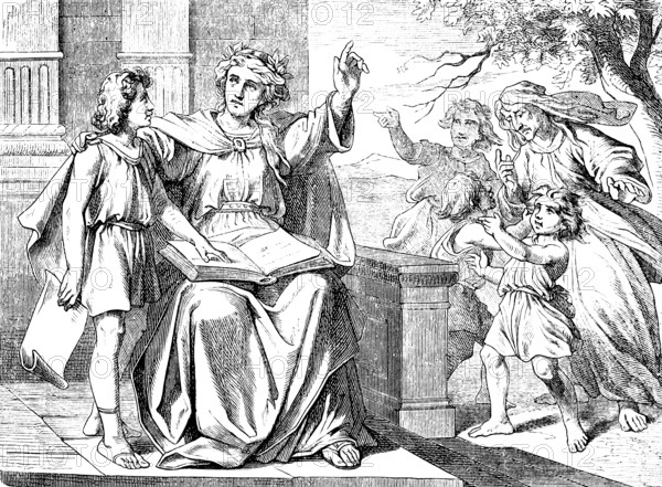 Wisdom calls and warns, emphatic warning against seduction, The sayings of Solomon, chapter 1, King of Israel, son of David, discipline, reason, prudence, justice, right and evil, wise, wise, foolishness, teaching of the wise, nefarious, father, mother, children, book, porch, index finger, learn, Old Testament, Bible, historical illustration 1877