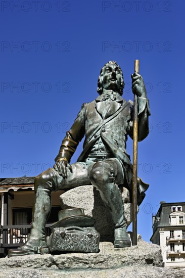 Statue of Michel-Gabriel Paccard, Savoyard doctor and mountaineer in town, Chamonix-Mont-Blanc, Haute-Savoie, France