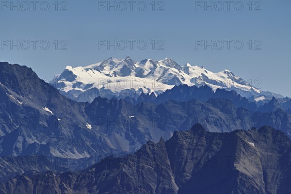 View of the Swiss Alps with the snow-capped Monte Rosa Mountains, Pointe Helbronner viewing terrace, Chamonix-Mont-Blanc, Haute-Savoie, watershed Italy, France