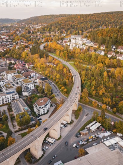 Aerial view of a park in autumn surrounded by buildings, with a small river, Nagold, Black Forest, Germany